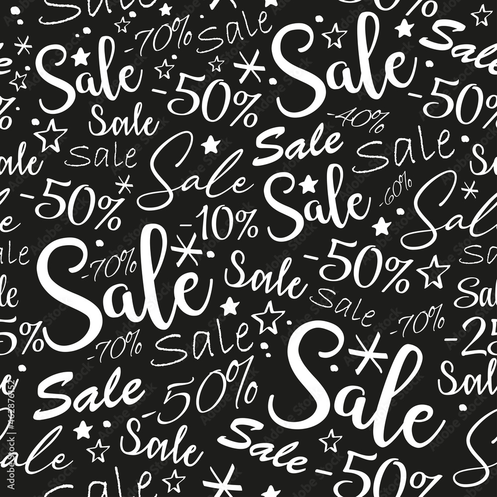 Sale seamless pattern. Sale background. White sale text on black background. Black friday pattern. Different text styles.