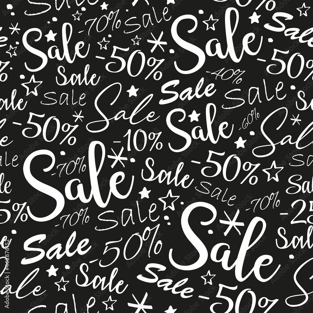 Sale seamless pattern. Sale background. White sale text on black background. Black friday pattern. Different text styles. Sale seamless pattern. Sale background. White sale text on black background. Black friday pattern. Different text styles.