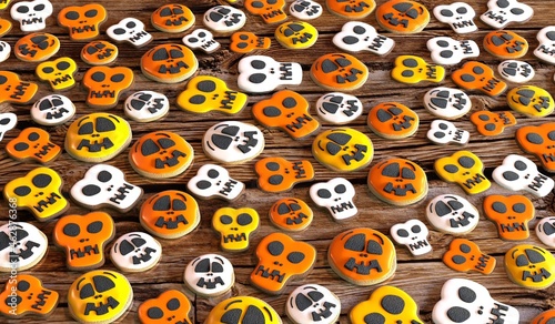 Halloween skull cookies on wooden background - 3D illustration