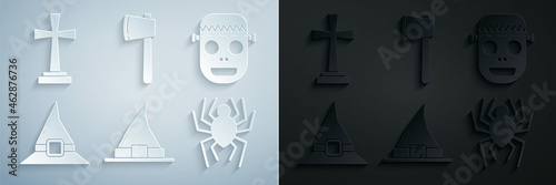 Set Witch hat, Zombie mask, Spider, Wooden axe and Tombstone with cross icon. Vector