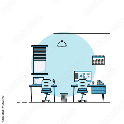 Working table flat design, Concept of working desk and work from home interior with furniture.