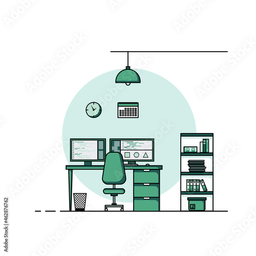 Working table flat design, Concept of working desk and work from home interior with furniture.