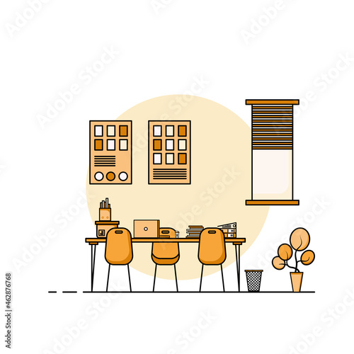 Working table flat design, Concept of working desk and work from home interior with furniture.