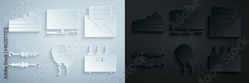 Set Balloons with ribbon, Envelope invitation card, Grilled shish kebab, Bottles of wine wooden box, Video game console and Cake icon. Vector