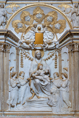 ROME, ITALY - AUGUST 30, 2021: The renaissance relief of Madonna in the church Chiesa di San Gregorio al Cielo and Cappella Salviati by Andrea Bregno (1469). photo