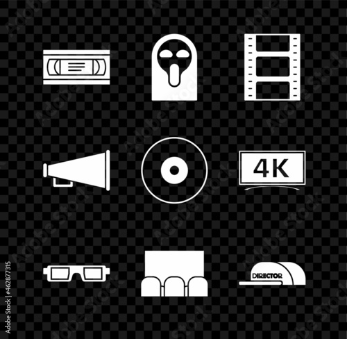 Set VHS video cassette tape, Funny and scary ghost mask, Play Video, 3D cinema glasses, , Cap with inscription director, Megaphone and CD DVD disk icon. Vector