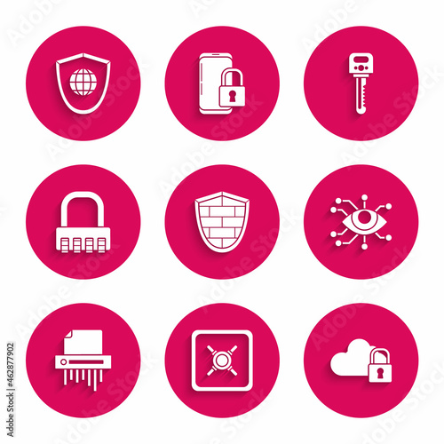 Set Shield with cyber security brick wall, Safe, Cloud computing lock, Eye scan, Paper shredder confidential, combination, Key and world globe icon. Vector