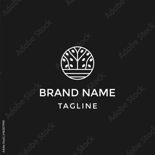 Circle tree logo icon template design. Round garden plant natural line symbol. Green branch with leaves business sign.