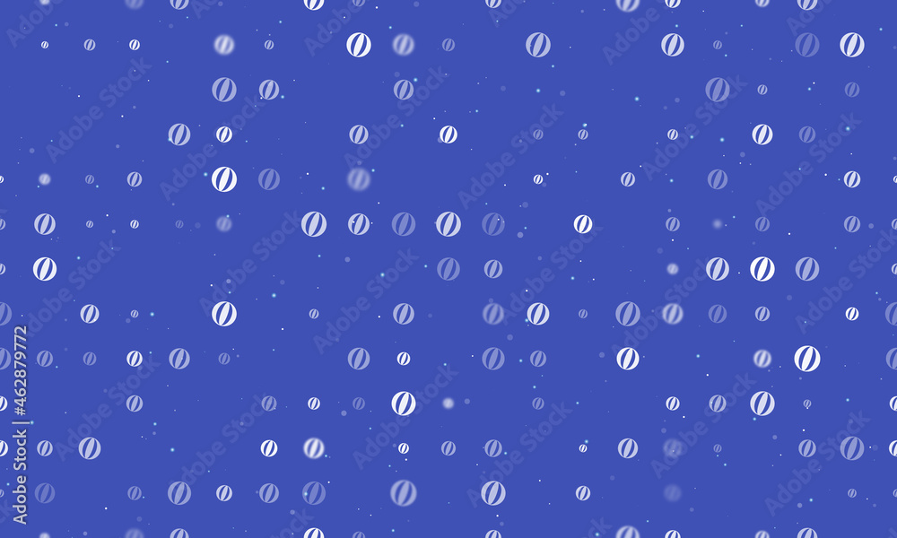 Seamless background pattern of evenly spaced white beach ball symbols of different sizes and opacity. Vector illustration on indigo background with stars