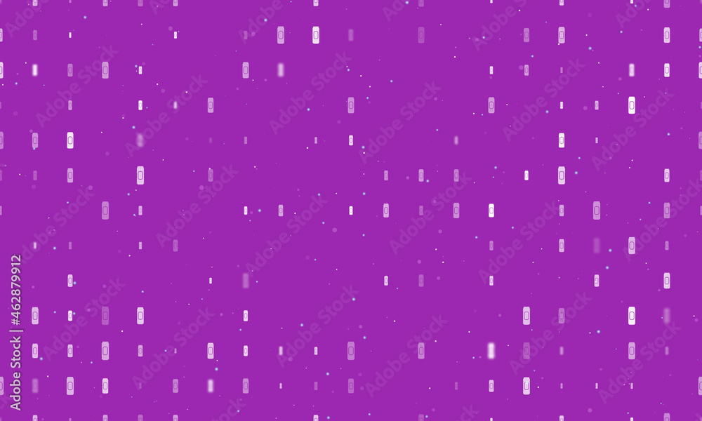 Seamless background pattern of evenly spaced white beer can symbols of different sizes and opacity. Vector illustration on purple background with stars