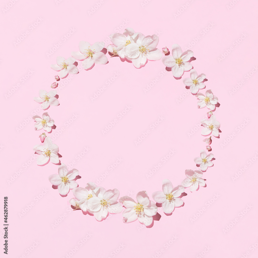 Minimal layout with apple tree flowers on pastel pink background. Romantic nature flat lay concept with creative copyspace. Minimal layout with apple tree flowers on pastel pink background. Romantic nature flat lay concept with creative copyspace.