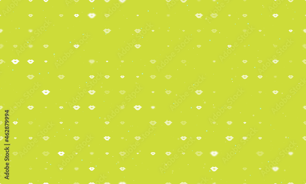 Seamless background pattern of evenly spaced white lips symbols of different sizes and opacity. Vector illustration on lime background with stars