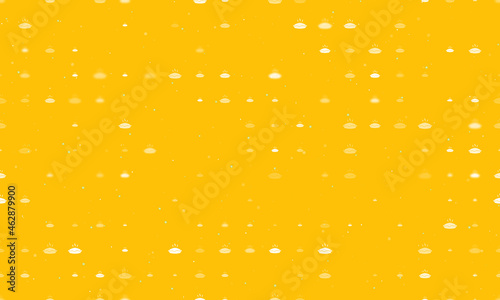 Seamless background pattern of evenly spaced white hot pie symbols of different sizes and opacity. Vector illustration on amber background with stars