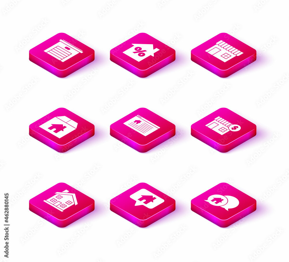 Set Home symbol, Map pointer with house, Cardboard box, Hanging sign text Online Sale, House building speech bubble, dollar, Shopping or market store and percant discount tag icon. Vector Set Home symbol, Map pointer with house, Cardboard box, Hanging sign text Online Sale, House building speech bubble, dollar, Shopping or market store and percant discount tag icon. Vector
