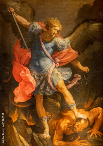 ROME, ITALY - AUGUST 31, 2021: The painting of Michael archangel in the church Santa Maria della Concezione dei Cappuccini by Guido Reni (1636). photo