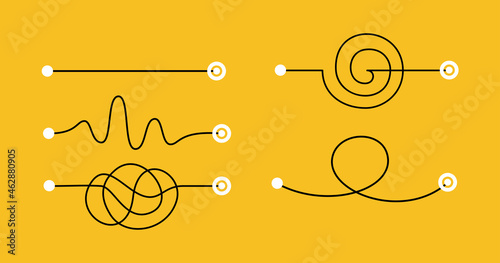Different hand drawn doodle scribble path lines from A to B. Business solution searching concept. Way to solve problem. Vector design elements for trending infographic.