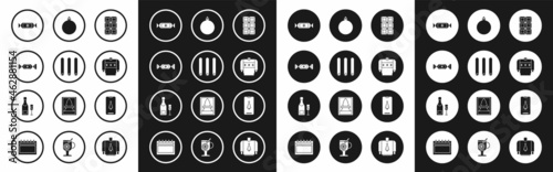 Set Chocolate bar, Three rolled sticks of cinnamon, Candy, Christmas sweater, ball, Smartphone with gift box and Champagne bottle glass champagne icon. Vector