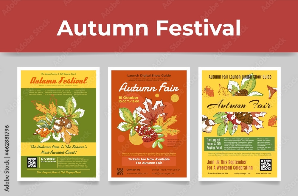 Fototapeta premium Collection autumn fair poster engraved vector illustration. Fall festival placard template