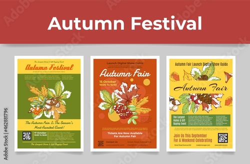 Collection autumn fair poster engraved vector illustration. Fall festival placard template