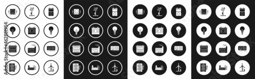Set Car battery, Light bulb, Ampere meter, multimeter, voltmeter, with concept of idea, High voltage power pole line, Electrical outlet and icon. Vector