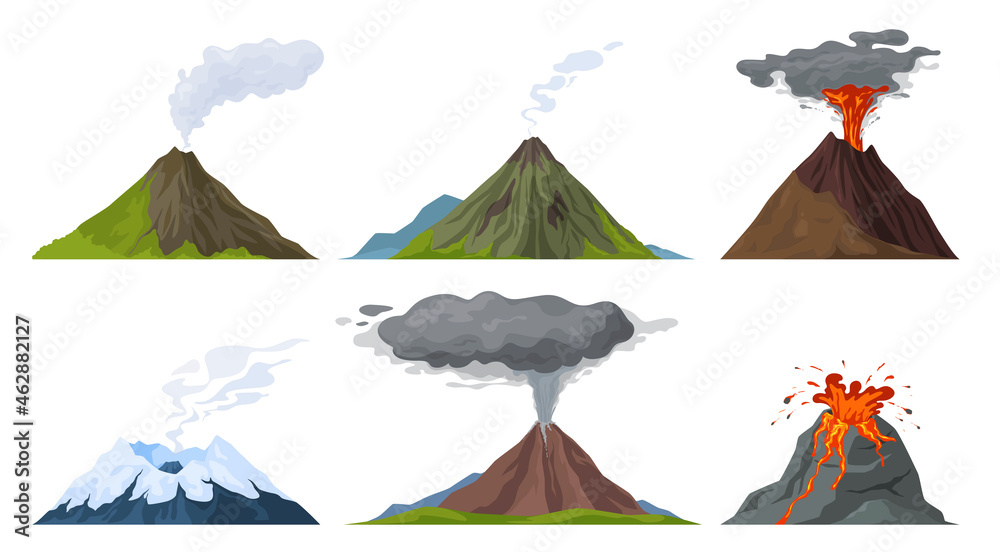 Erupting volcano set vector flat illustration. Natural volcanic activity with magma, smoke, ashes - obrazy, fototapety, plakaty 