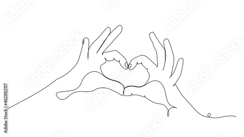 Hands in shape of love heart.Continuous line drawing.Love heart one line drawing.Vector illustration