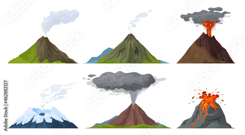 Erupting volcano set vector flat illustration. Natural volcanic activity with magma, smoke, ashes