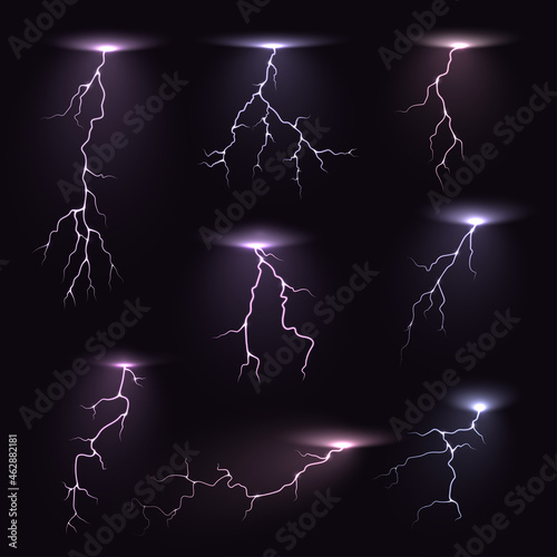 Realistic lightning set vector illustration night thunderstorm magic bright sky effect
