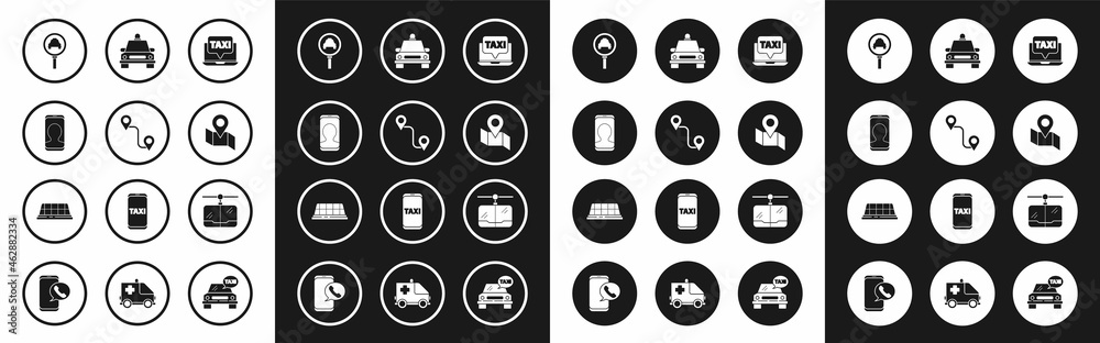 Set Laptop call taxi service, Route location, Taxi telephone, Magnifying glass and car, Folded map with marker, Cable and roof icon. Vector