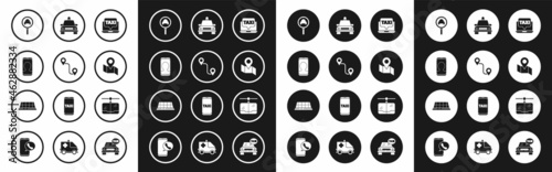 Set Laptop call taxi service, Route location, Taxi telephone, Magnifying glass and car, Folded map with marker, Cable and roof icon. Vector