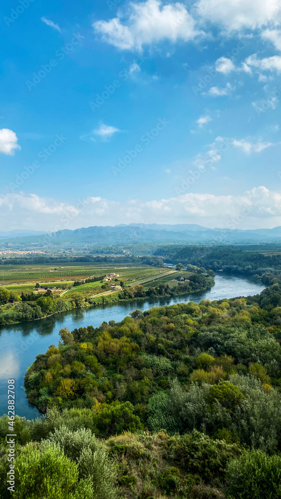 Ebro River in Miravet, Spain, panoramic vertical