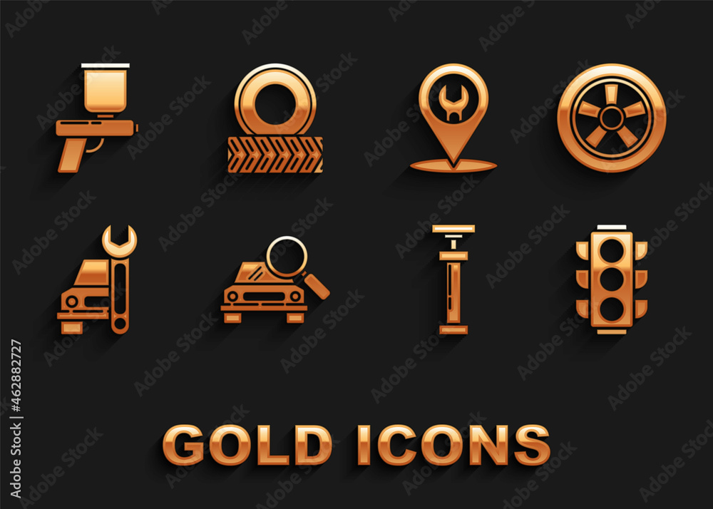 Set Car search, wheel, Traffic light, , service, Paint spray gun and icon. Vector Set Car search, wheel, Traffic light, , service, Paint spray gun and icon. Vector