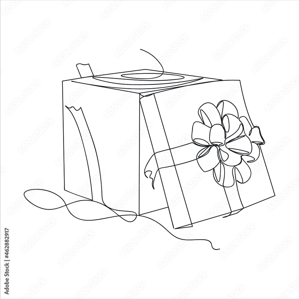 Open Gift box with ribbon one line drawing isolated on white. birthday