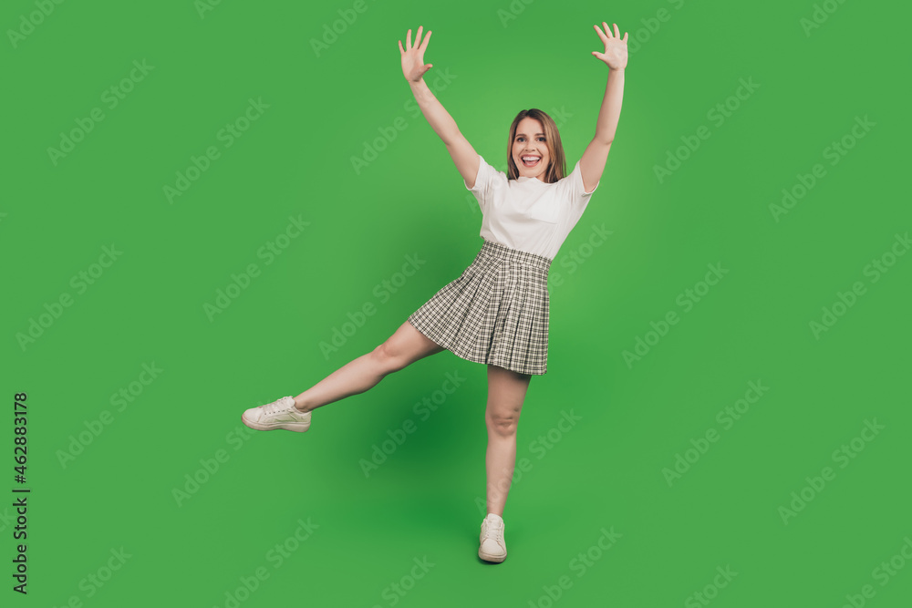 Photo of crazy sporty funny lady jump crazy active leisure wear casual t-shirt mini skirt footwear Photo of crazy sporty funny lady jump crazy active leisure wear casual t-shirt mini skirt footwear