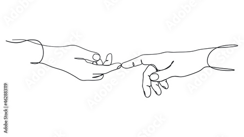 two Hands in one line.Touch your fingertips. Continuous line drawing.Love heart one line drawing.Vector illustration