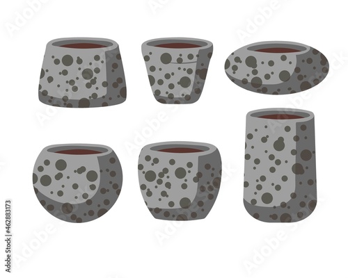 Ceramic flower pots set isolated on white background. Gray empty pots of different shapes with decor. Gardening round containers, planters. Equipment for Home Gardening. Flat vector illustration.