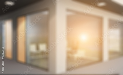 Bokeh blurred phototography. Open space office interior with like conference room. Mockup. 3D