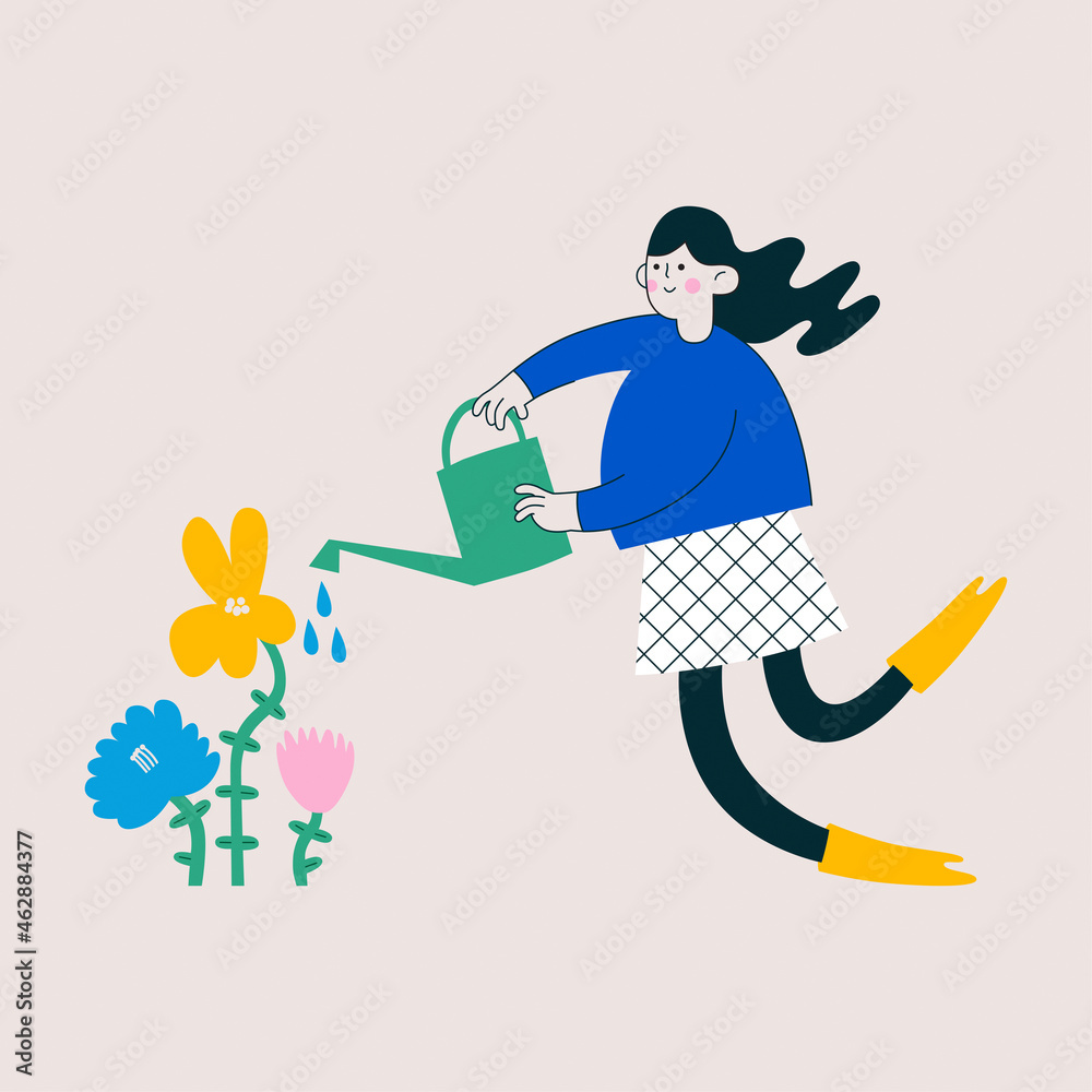 Fototapeta premium Flat colorful illustration of young happy girl who is watering flowers in the garden