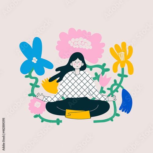 Flat colorful illustration of young dreaming girl, who is meditating in garden of flowers
