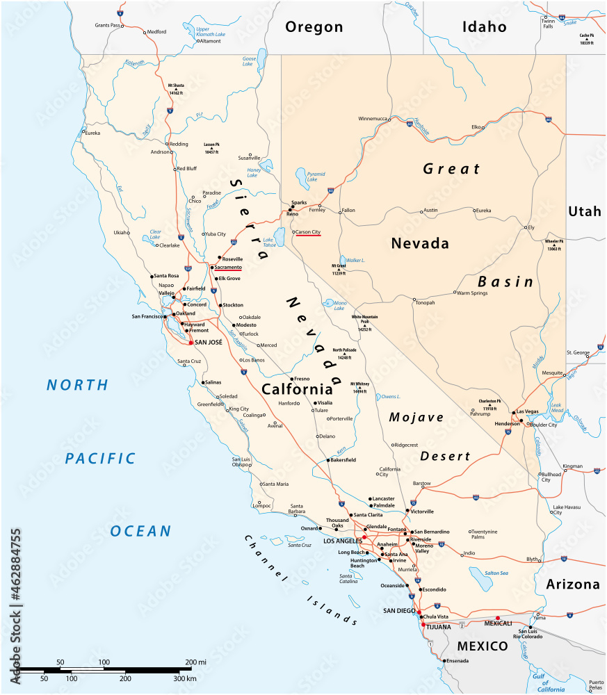 Vector road map of US states California and Nevada
