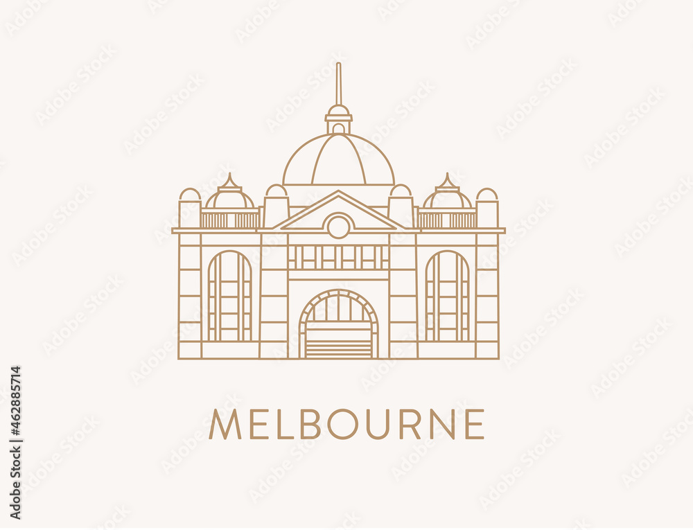 Obraz premium Melbourne's historic and iconic landmark Flinders street railway station, line art style
