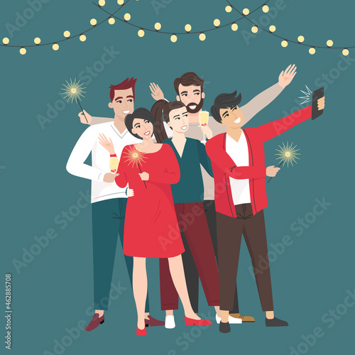 Group of friends celebrating and making selfie together. Vector flat cartoon illustration