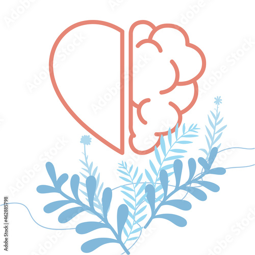 Brain and Heart with Leaves concept, emotions and rational thinking, teamwork and balance. Vector design illustration.
