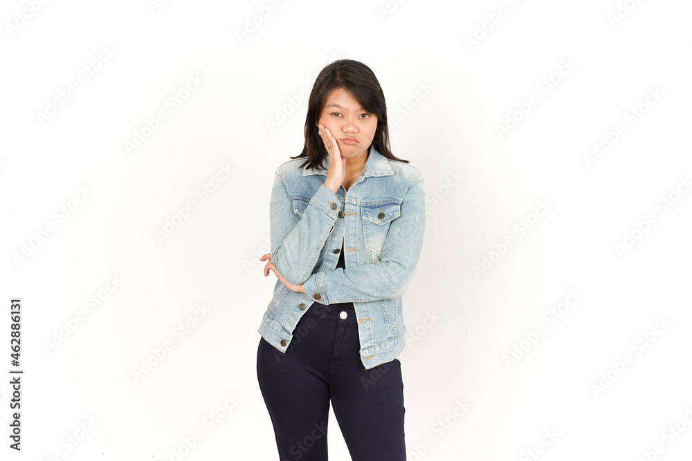 Boring Gesture of Beautiful Asian Woman Wearing Jeans Jacket and black shirt Isolated On White Background Boring Gesture of Beautiful Asian Woman Wearing Jeans Jacket and black shirt Isolated On White Background