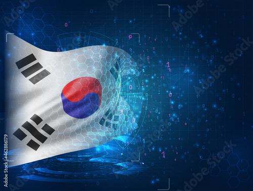 Korea, vector 3d flag on blue background with hud interfaces