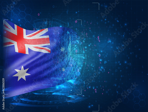 Australia, vector 3d flag on blue background with hud interfaces