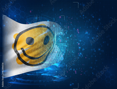 cheerful yellow smile vector 3d flag on blue background with hud interfaces