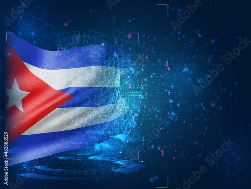 Cuba, vector 3d flag on blue background with hud interfaces