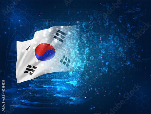 Korea, vector 3d flag on blue background with hud interfaces