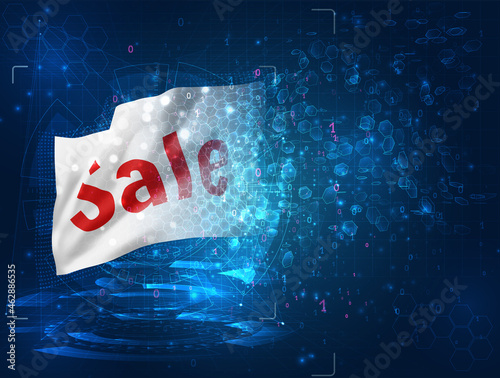 sale and discounts on vector 3d flag on blue background with hud interfaces